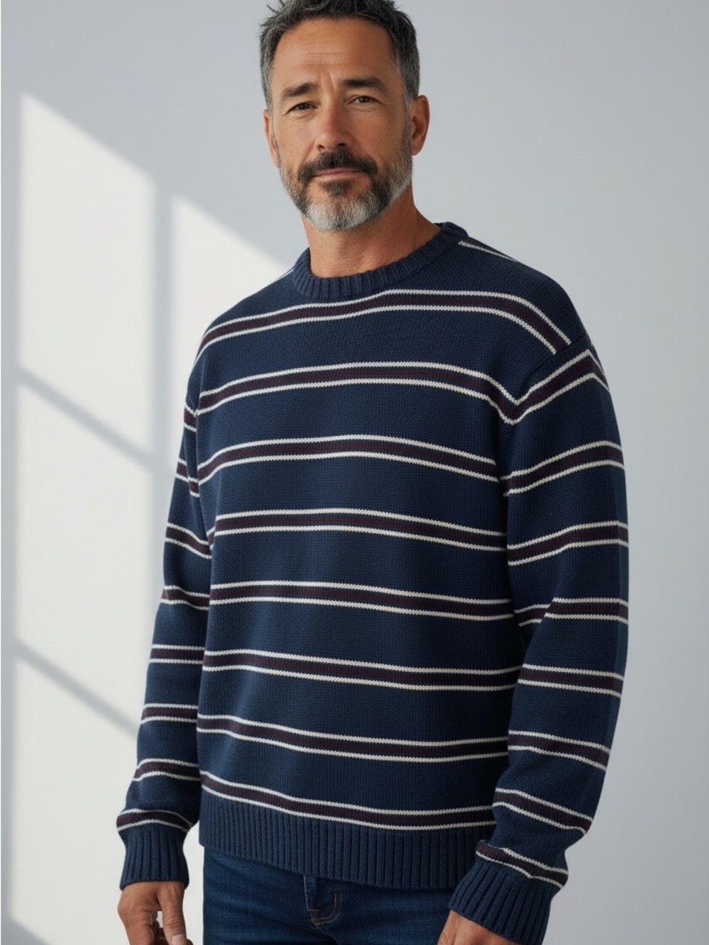 Joseph & Feiss Vintage Navy Crewneck Sweater with White and Burgundy Stripes